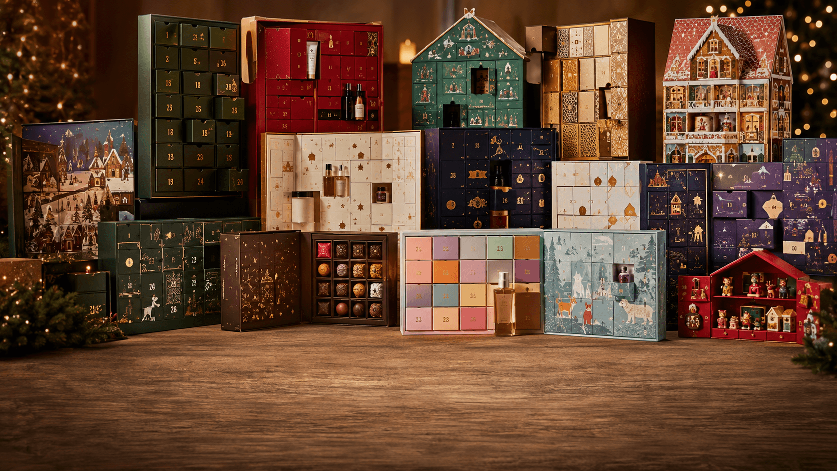 A wide assortment of advent calendars in different styles — perfume, chocolate, jewelry, pet, and toy calendars — arranged on a wooden floor in a warm, string-lit room